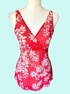 Y2K New York & Company Red Tropical Floral Surplice Tank